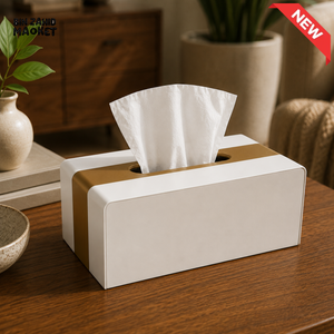 LUXURY WOOD & LEATHER TABLETOP TISSUE BOX HOLDER - IVORY WHITE