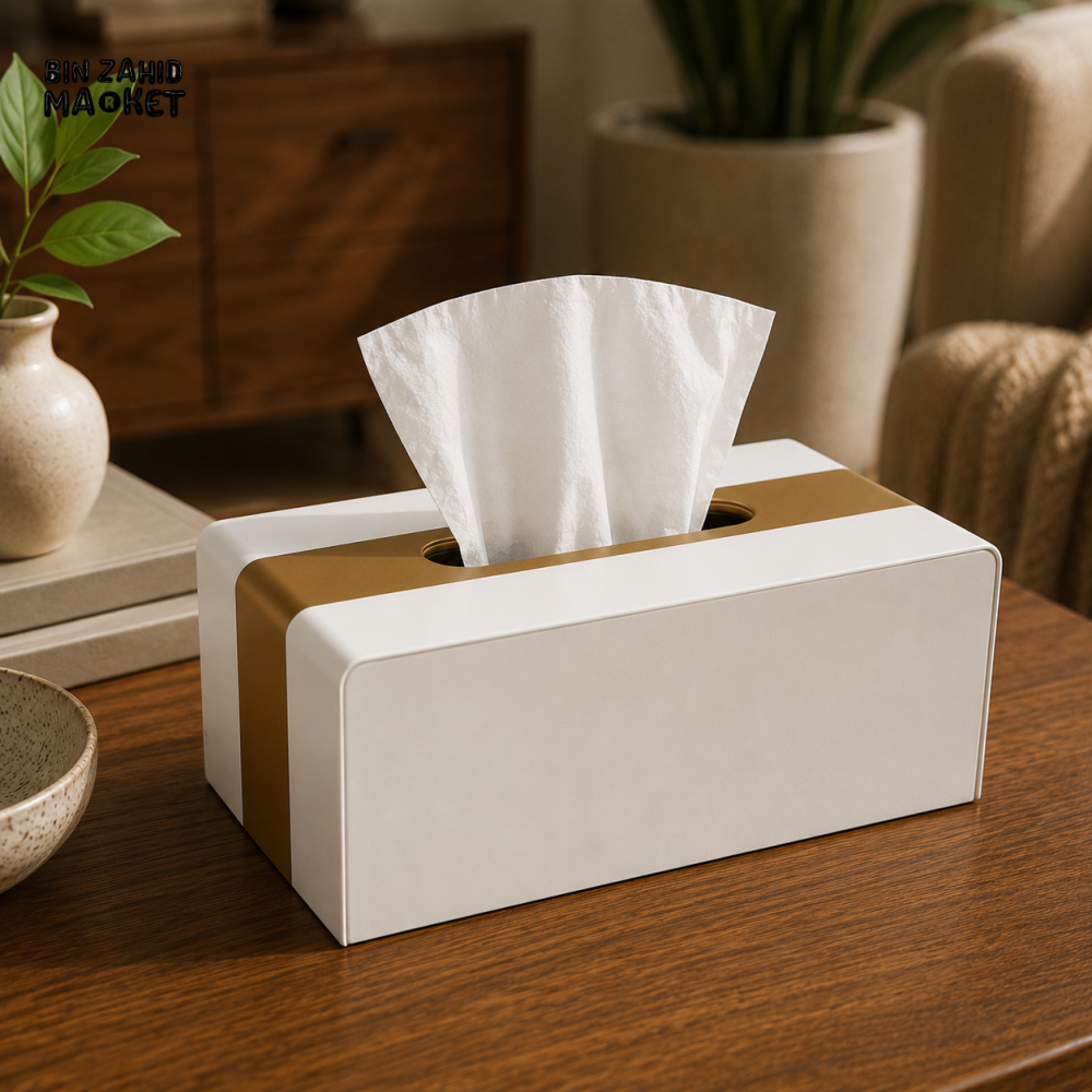 LUXURY WOOD & LEATHER TABLETOP TISSUE BOX HOLDER - IVORY WHITE