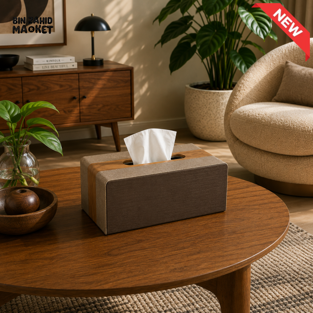 LUXURY WOOD & LEATHER TABLETOP TISSUE BOX HOLDER - WALNUT BROWN