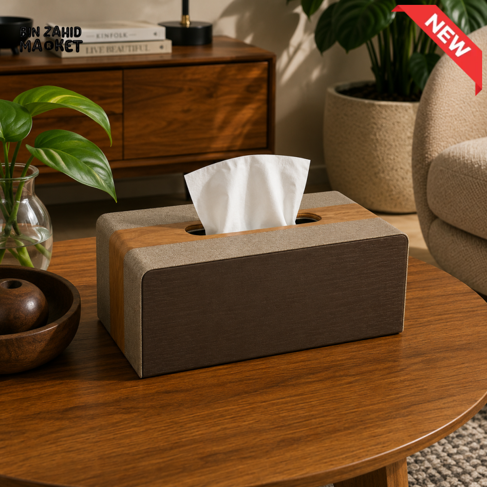 LUXURY WOOD & LEATHER TABLETOP TISSUE BOX HOLDER - WALNUT BROWN