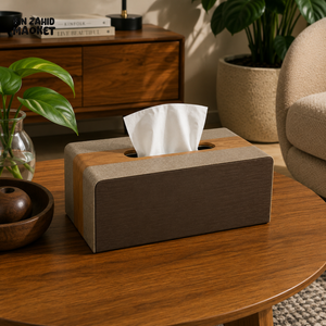 LUXURY WOOD & LEATHER TABLETOP TISSUE BOX HOLDER - WALNUT BROWN
