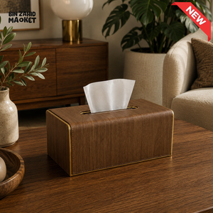 LUXURY WOOD & LEATHER TABLETOP TISSUE BOX HOLDER - WALNUT OAK
