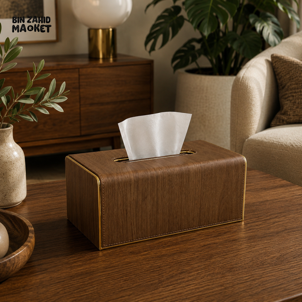 LUXURY WOOD & LEATHER TABLETOP TISSUE BOX HOLDER - WALNUT OAK