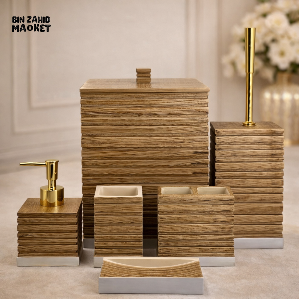 LUXURY WOOD TEXTURE BATHROOM ACCESSORY SET WITH GOLD ACCENTS