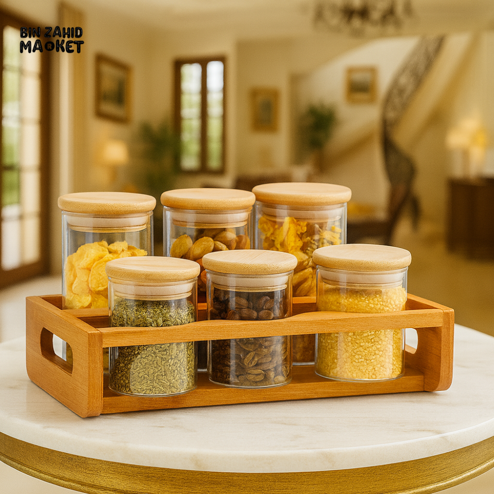 LUXURY WOODEN TRAY WITH GLASS 6PIECE JARS – ELEGANT KITCHEN & DINING TABLE ORGANIZER - ZQ-040