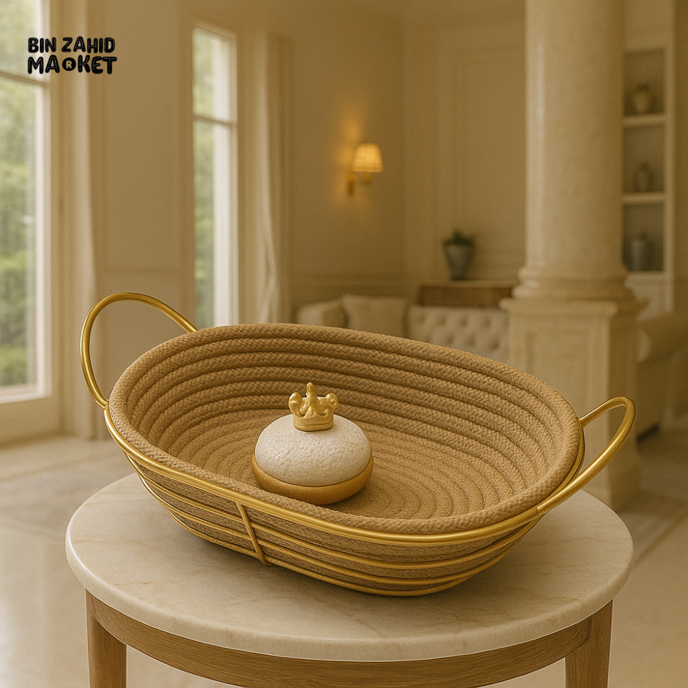 LUXURY WOVEN ROPE BASKET WITH GOLD HANDLES – ELEGANT STORAGE & SERVING TRAY - OVAL STM-002