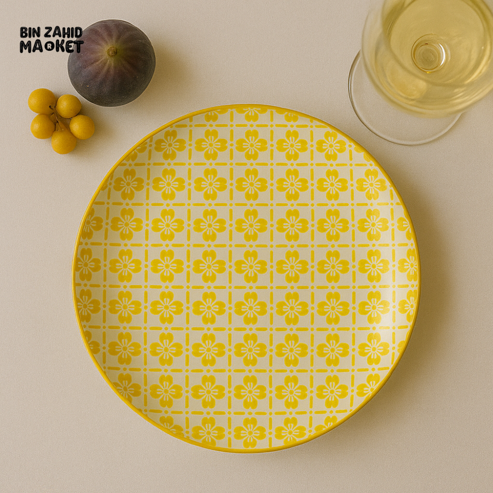 LUXURY YELLOW GEOMETRIC PRINT CERAMIC DINNER PLATE – VINTAGE VILLA STYLE