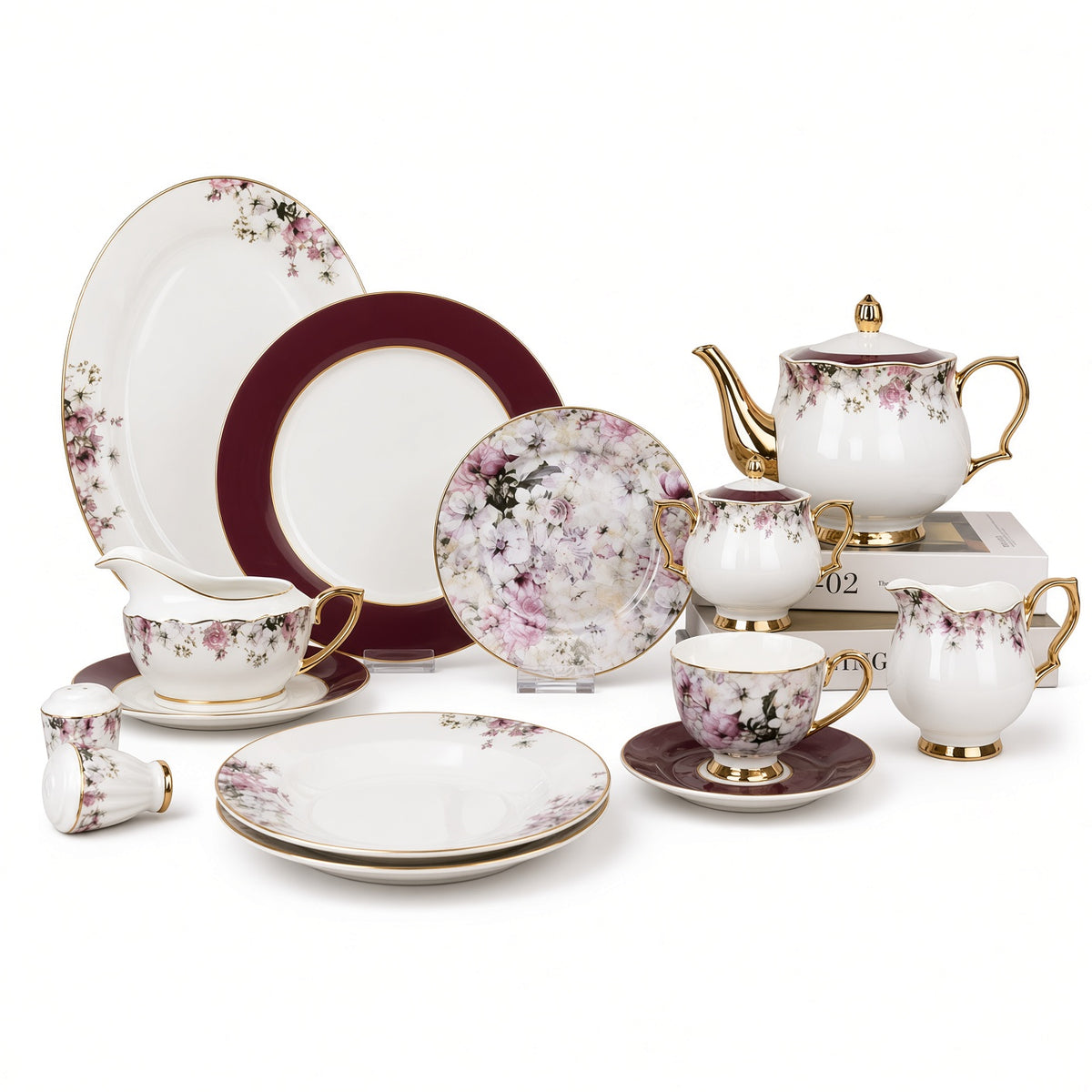 Johnson Bros Inspired Purple Floral Patterns Maroon Borders & Gold Trims Bone China Dinner Set