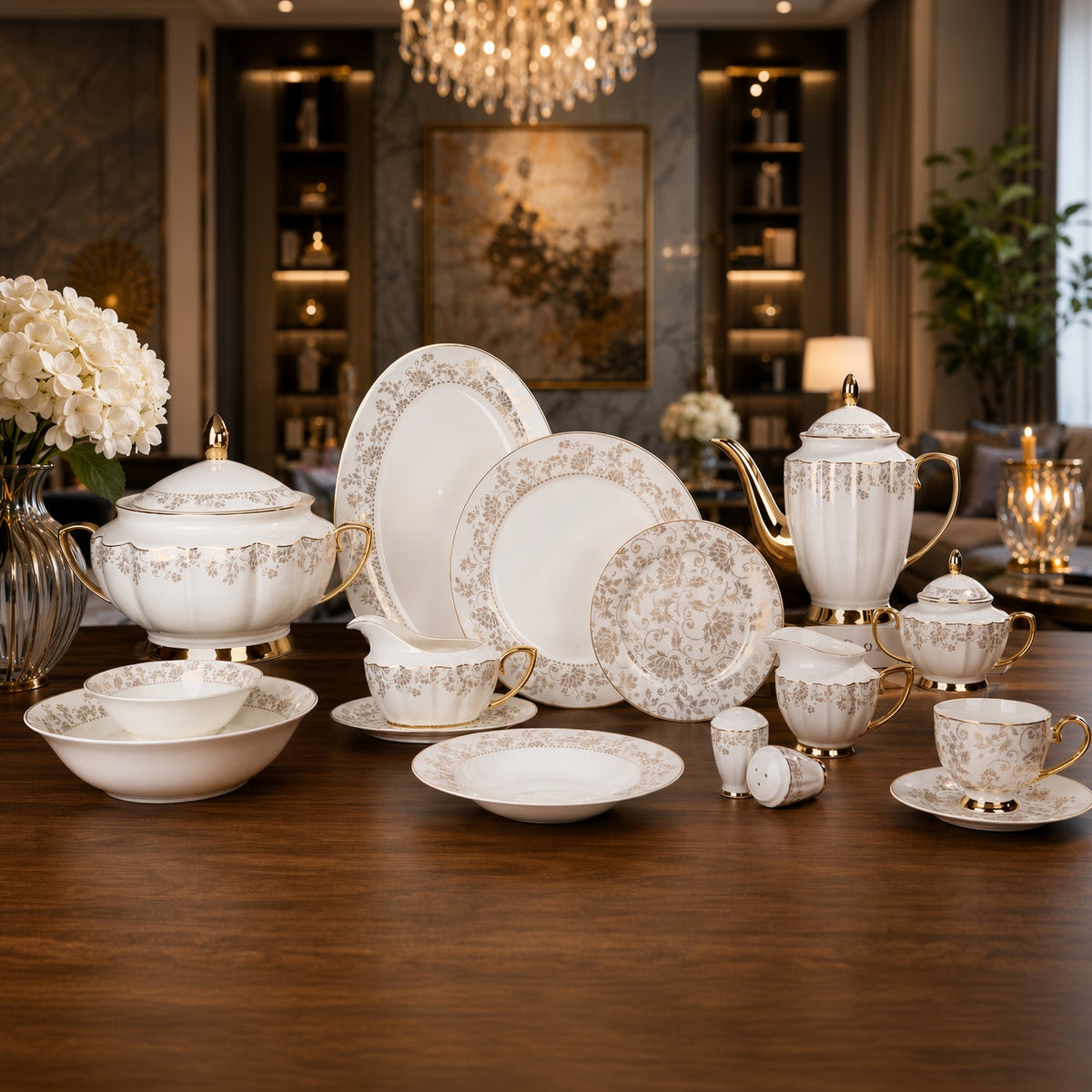 Johnson Bros Inspired Delicate Gold Floral Patterns Bone China Dinner Set
