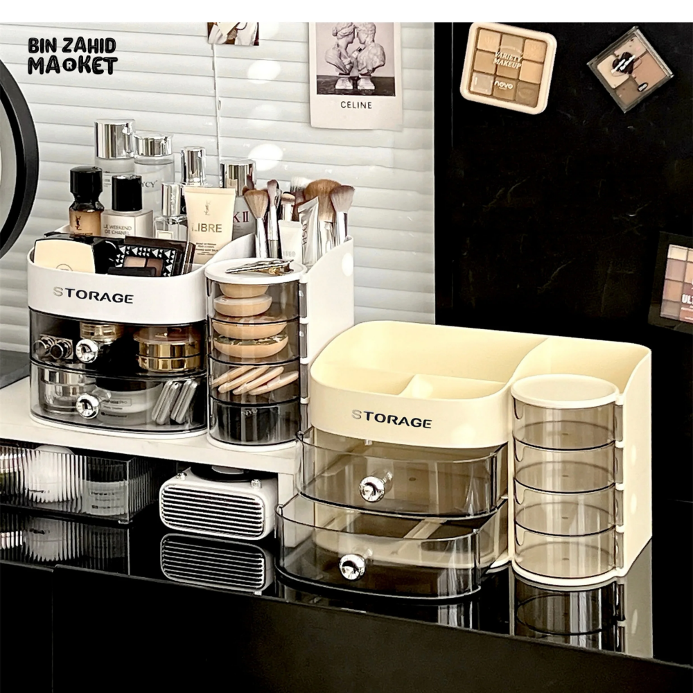 MAKEUP ORGANIZER WITH DRAWER & BRUSH HOLDER VANITY STORAGE FOR SPONGES LIPSTICKS & COSMETICS