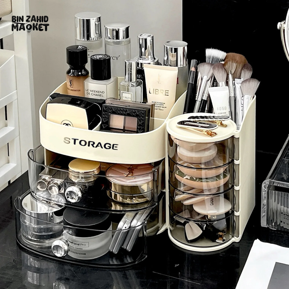MAKEUP ORGANIZER WITH DRAWER & BRUSH HOLDER VANITY STORAGE FOR SPONGES LIPSTICKS & COSMETICS