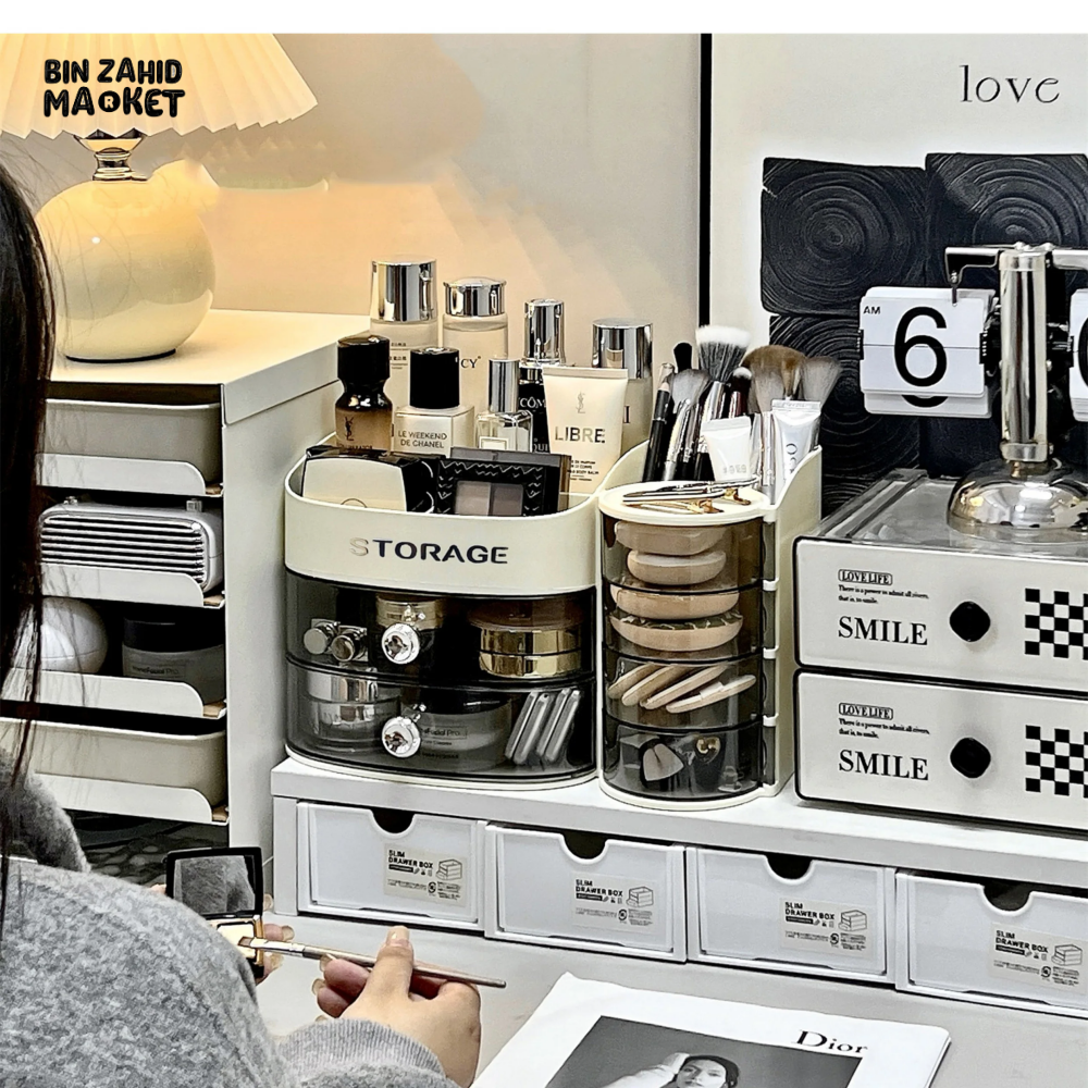 MAKEUP ORGANIZER WITH DRAWER & BRUSH HOLDER VANITY STORAGE FOR SPONGES LIPSTICKS & COSMETICS