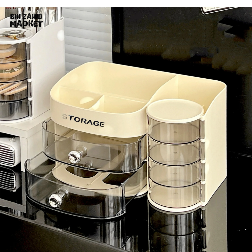 MAKEUP ORGANIZER WITH DRAWER & BRUSH HOLDER VANITY STORAGE FOR SPONGES LIPSTICKS & COSMETICS