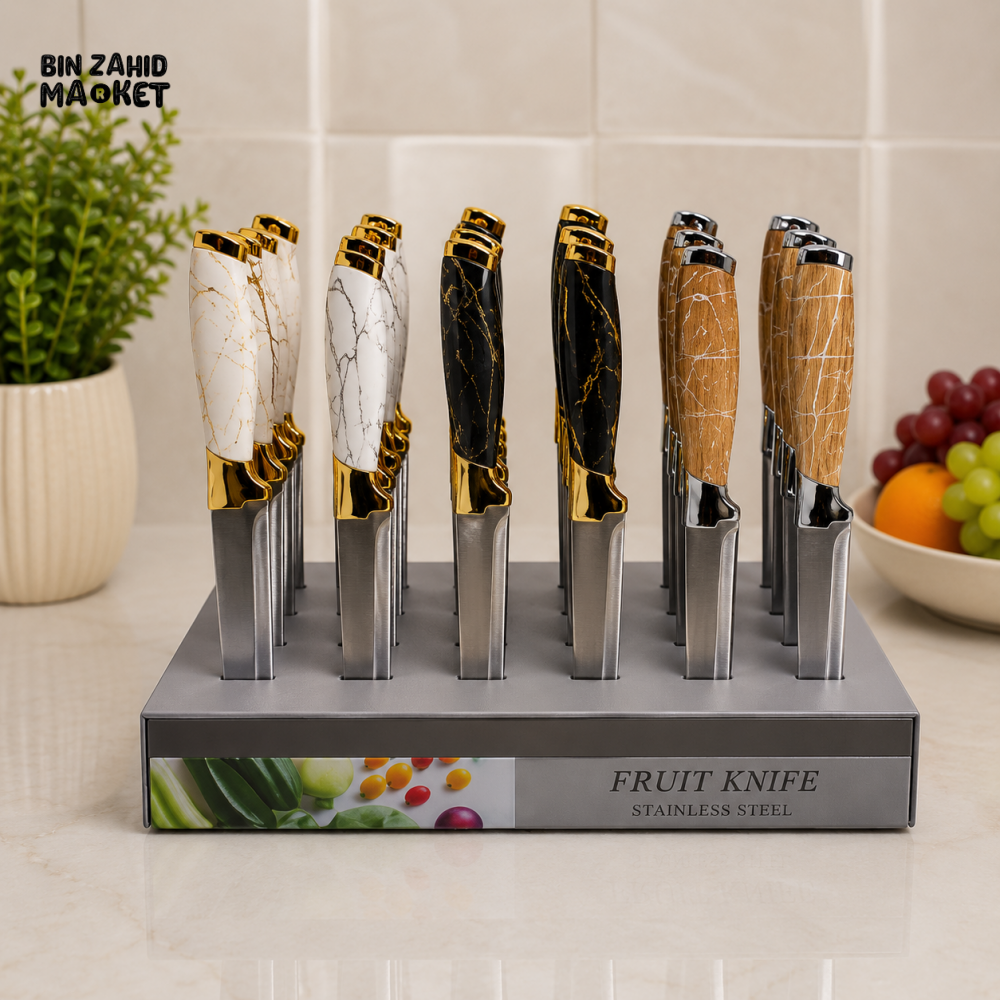 MARBLE AND WOOD DESIGN STAINLESS STEEL FRUIT KNIFE SET WITH DISPLAY STAND