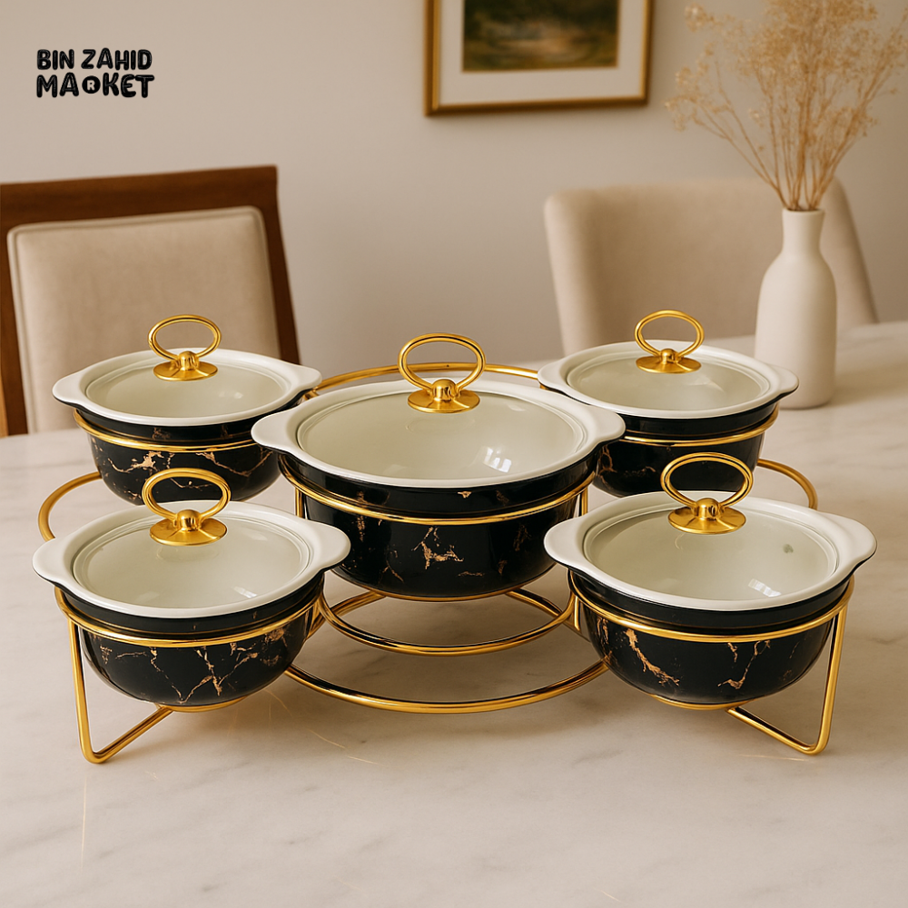 MARBLE CERAMIC 5-PIECE ROUND WARMER SET WITH GLASS LIDS & GOLD FRAME - BLACK MARBLE