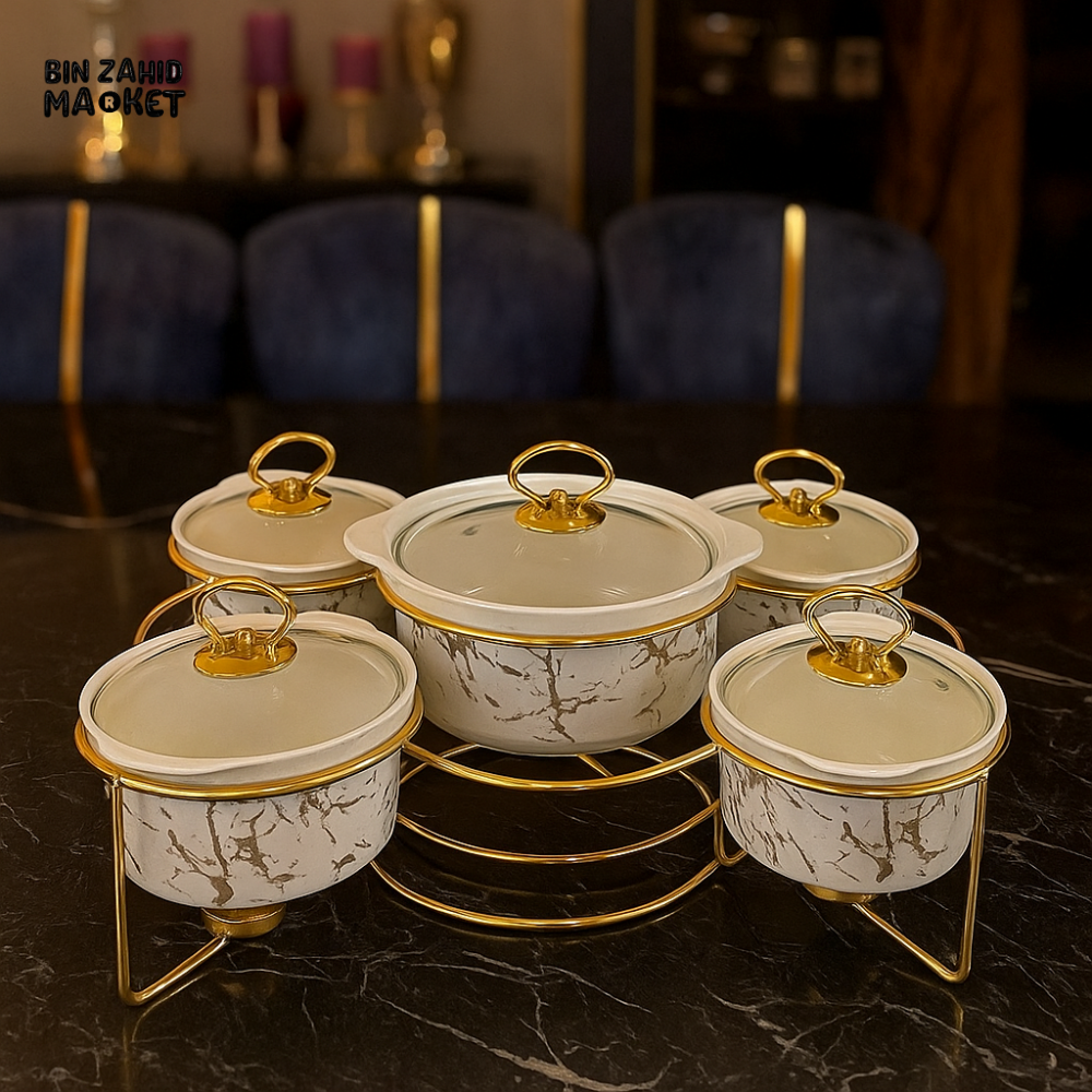 MARBLE CERAMIC 5-PIECE ROUND WARMER SET WITH GLASS LIDS & GOLD FRAME