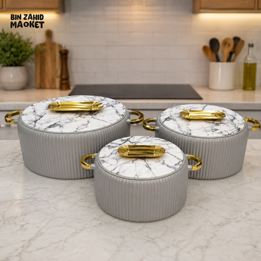 MARBLE DESIGN CERAMIC CASSEROLE SET WITH GOLD HANDLES – 3 PIECE LUXURY KITCHEN SERVING POTS - GRAY