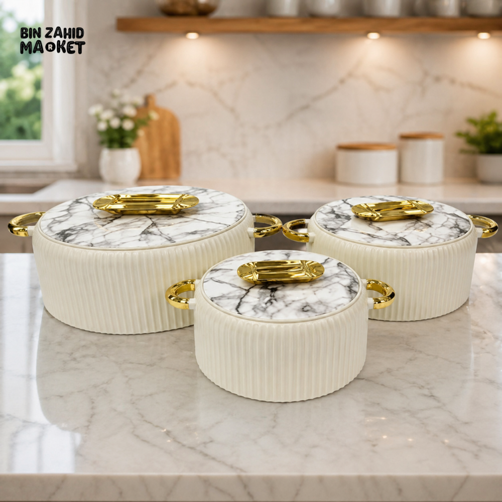 MARBLE DESIGN CERAMIC CASSEROLE SET WITH GOLD HANDLES – 3 PIECE LUXURY KITCHEN SERVING POTS - WHITE