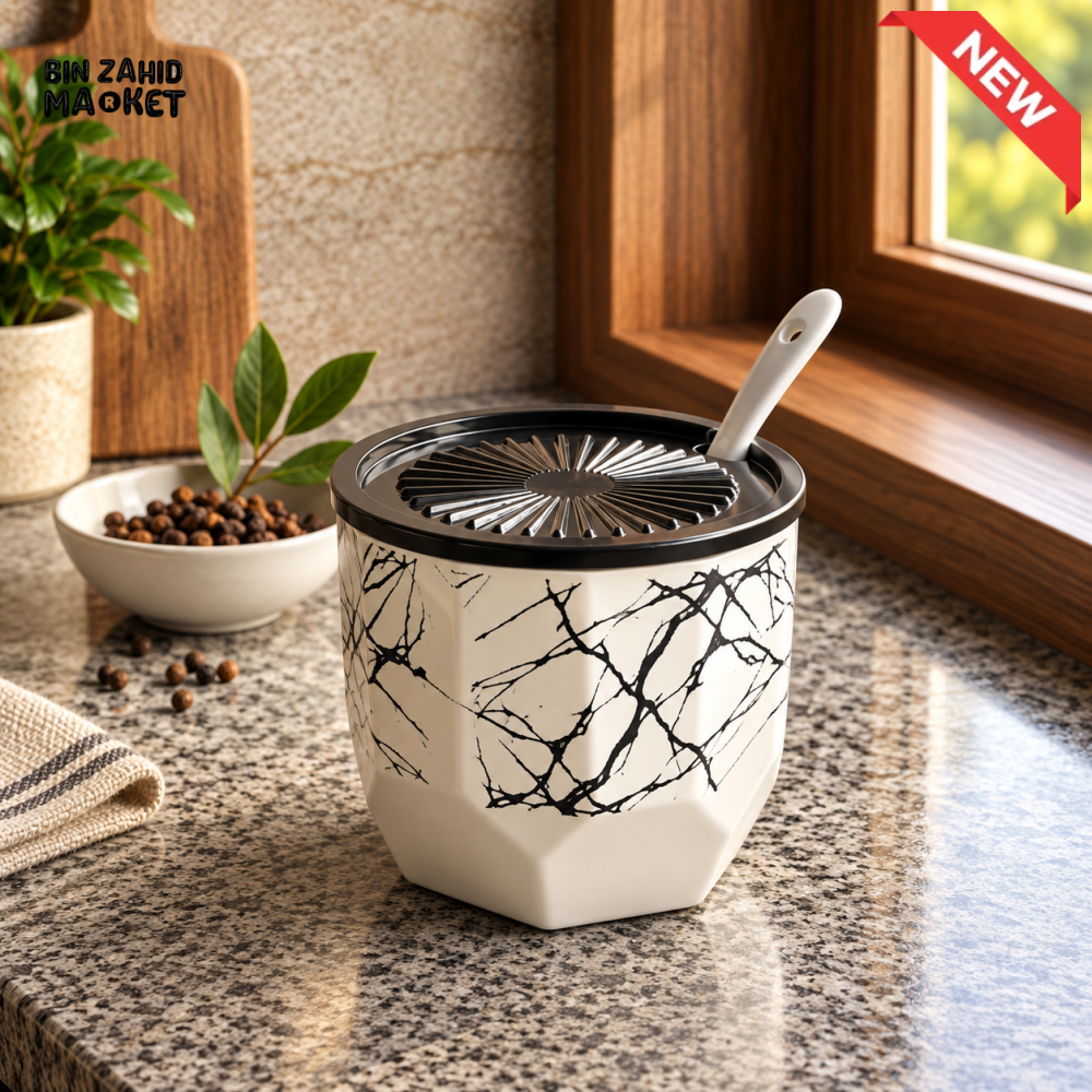 MARBLE-DESIGN KITCHEN STORAGE CONTAINER WITH SPOON AND STRAINER LID