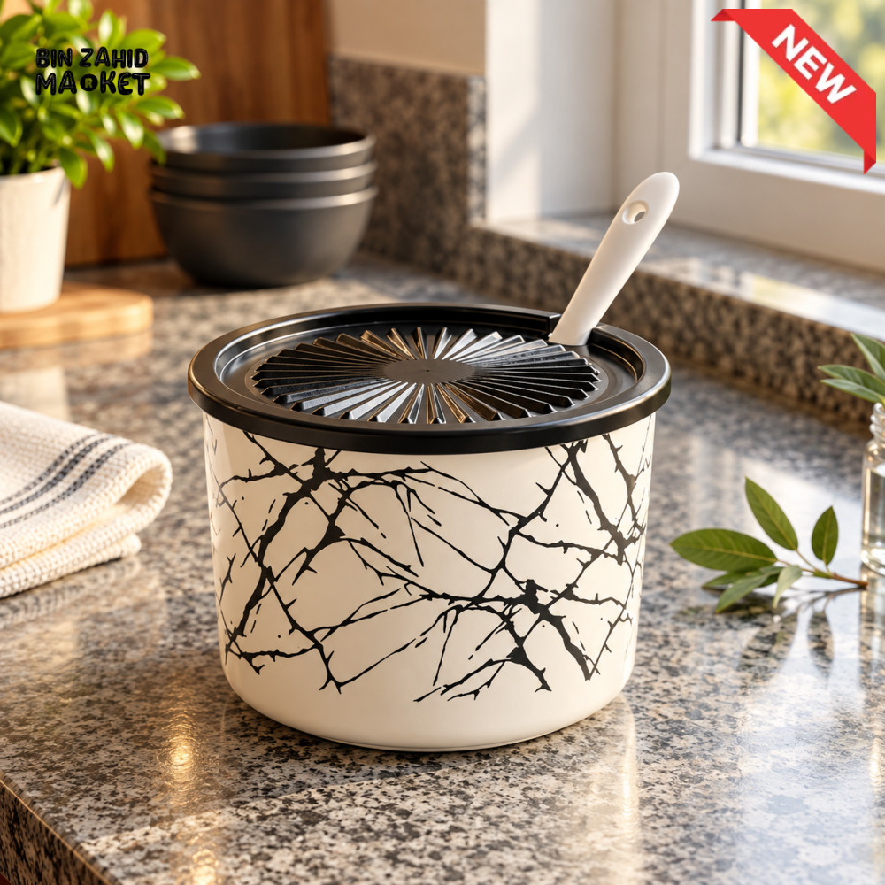 MARBLE-DESIGN KITCHEN STORAGE CONTAINER WITH SPOON AND STRAINER LID