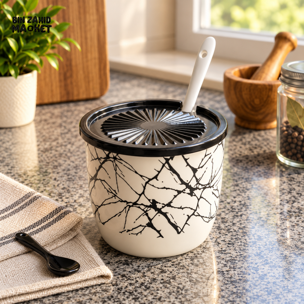 MARBLE-DESIGN KITCHEN STORAGE CONTAINER WITH SPOON AND STRAINER LID