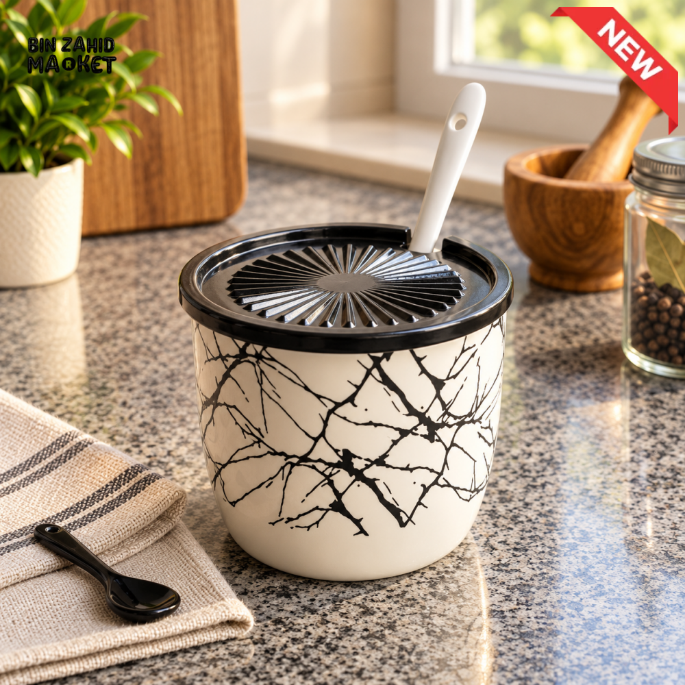 MARBLE-DESIGN KITCHEN STORAGE CONTAINER WITH SPOON AND STRAINER LID