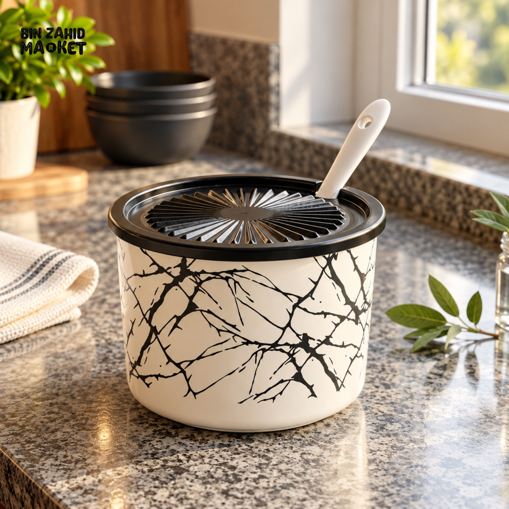 MARBLE-DESIGN KITCHEN STORAGE CONTAINER WITH SPOON AND STRAINER LID