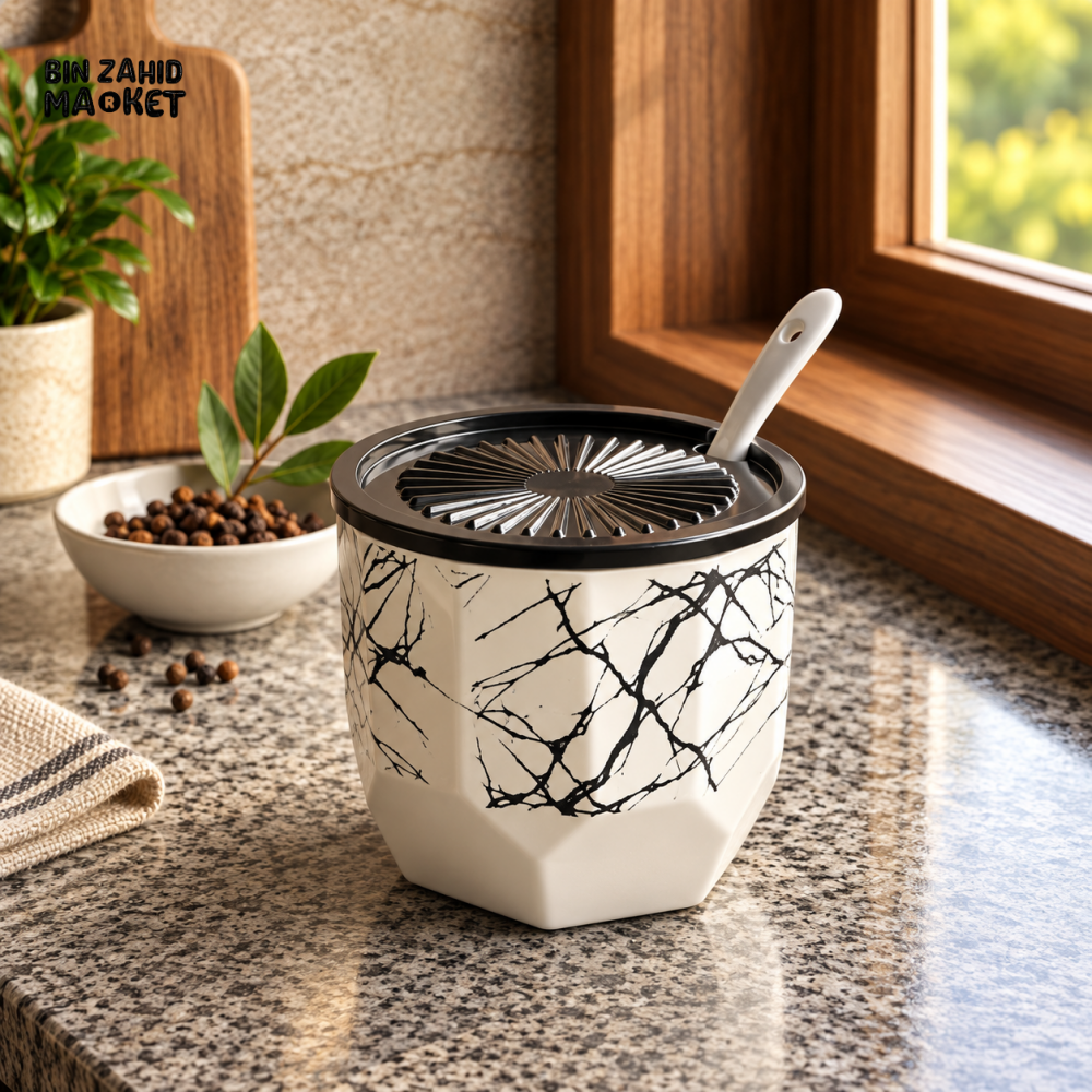 MARBLE-DESIGN KITCHEN STORAGE CONTAINER WITH SPOON AND STRAINER LID