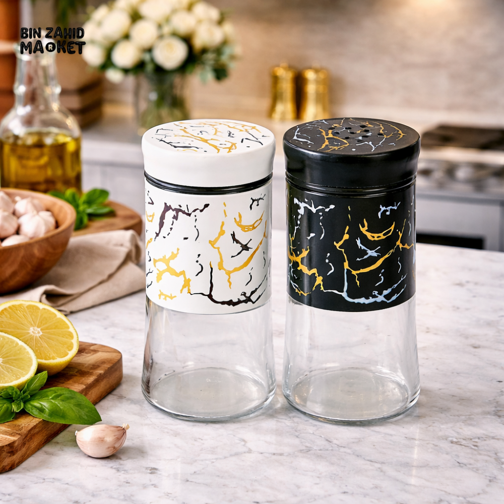 MARBLE PRINT GLASS SPICE JARS WITH LIDS – 2 PIECES CLASSY KITCHEN STORAGE SET