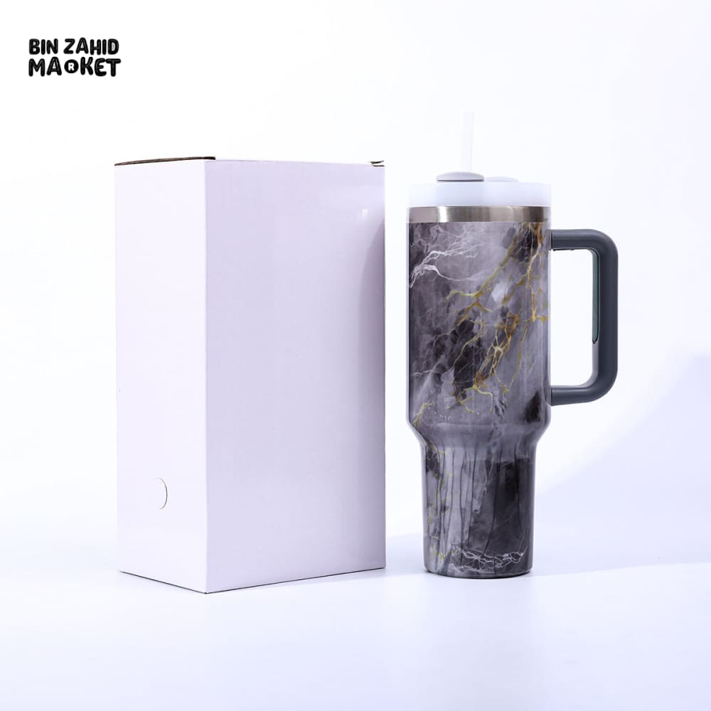 MARBLE TEXTURE TUMBLER 40 OZ– PREMIUM STAINLESS STEEL VACUUM INSULATED TRAVEL CUP WITH HANDLE FOR HOT & COLD DRINKS - BLACK