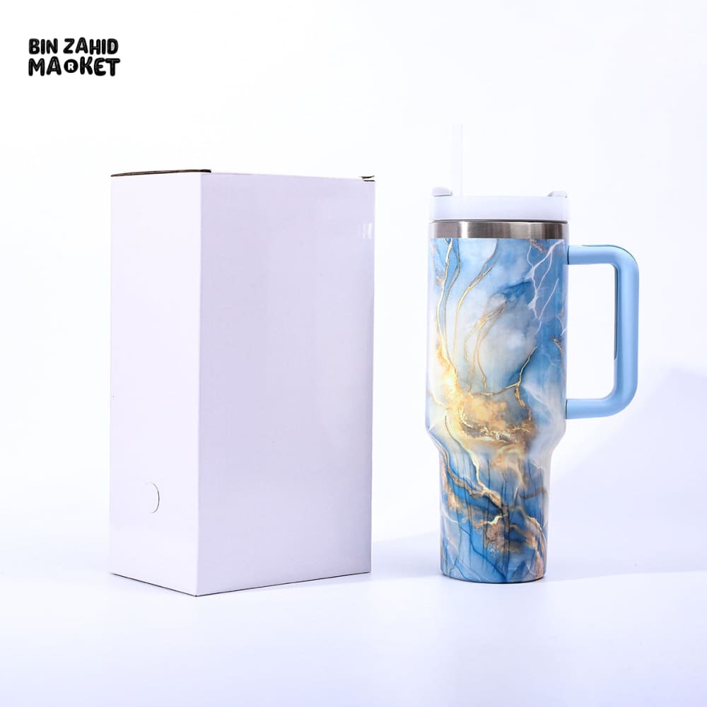 MARBLE TEXTURE TUMBLER 40 OZ– PREMIUM STAINLESS STEEL VACUUM INSULATED TRAVEL CUP WITH HANDLE FOR HOT & COLD DRINKS - BLUE