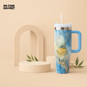 MARBLE TEXTURE TUMBLER 40 OZ– PREMIUM STAINLESS STEEL VACUUM INSULATED TRAVEL CUP WITH HANDLE FOR HOT & COLD DRINKS - BLUE