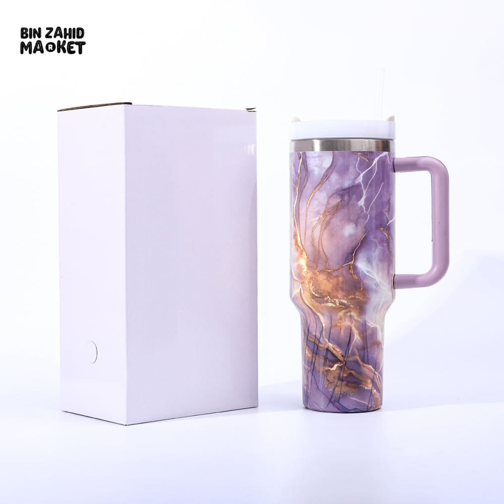 MARBLE TEXTURE TUMBLER 40 OZ– PREMIUM STAINLESS STEEL VACUUM INSULATED TRAVEL CUP WITH HANDLE FOR HOT & COLD DRINKS - PURPLE