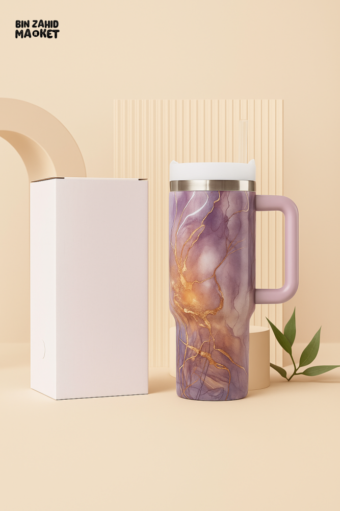 MARBLE TEXTURE TUMBLER 40 OZ– PREMIUM STAINLESS STEEL VACUUM INSULATED TRAVEL CUP WITH HANDLE FOR HOT & COLD DRINKS - WHITE