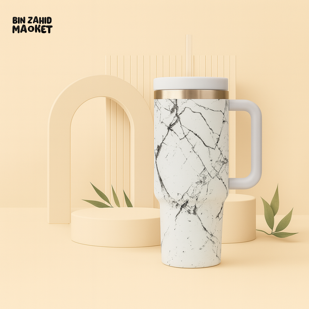 MARBLE TEXTURE TUMBLER 40 OZ– PREMIUM STAINLESS STEEL VACUUM INSULATED TRAVEL CUP WITH HANDLE FOR HOT & COLD DRINKS - WHITE