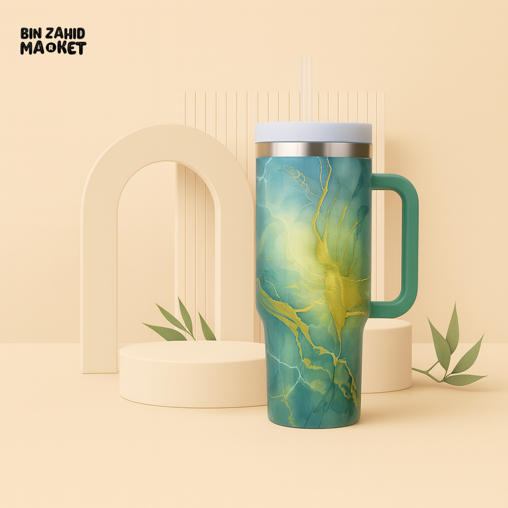 MARBLE TEXTURE TUMBLER 40 OZ– PREMIUM STAINLESS STEEL VACUUM INSULATED TRAVEL CUP WITH HANDLE FOR HOT & COLD DRINKS - WHITE