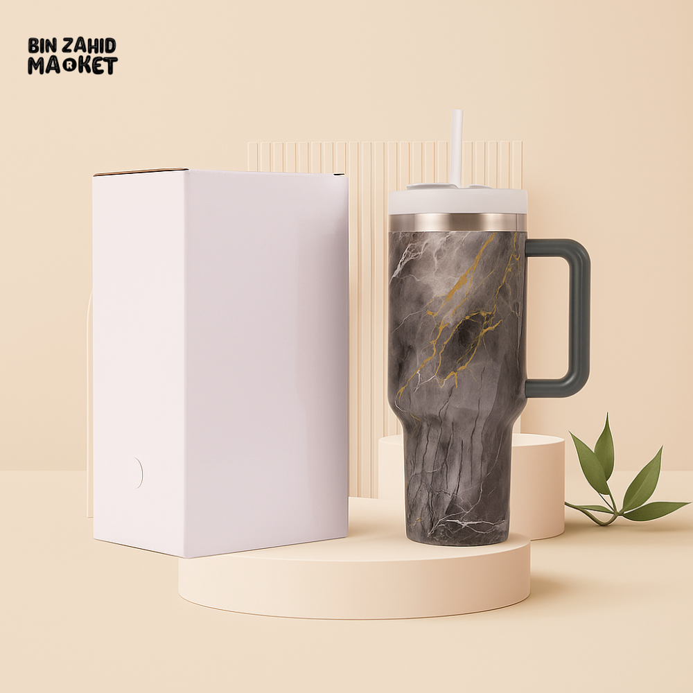 MARBLE TEXTURE TUMBLER 40 OZ– PREMIUM STAINLESS STEEL VACUUM INSULATED TRAVEL CUP WITH HANDLE FOR HOT & COLD DRINKS - WHITE