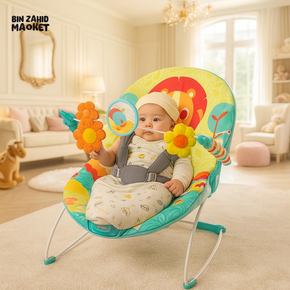 MASTELA SAFARI BABY BOUNCER – COLORFUL INFANT SEAT WITH TOYS & VIBRATION FUNCTION