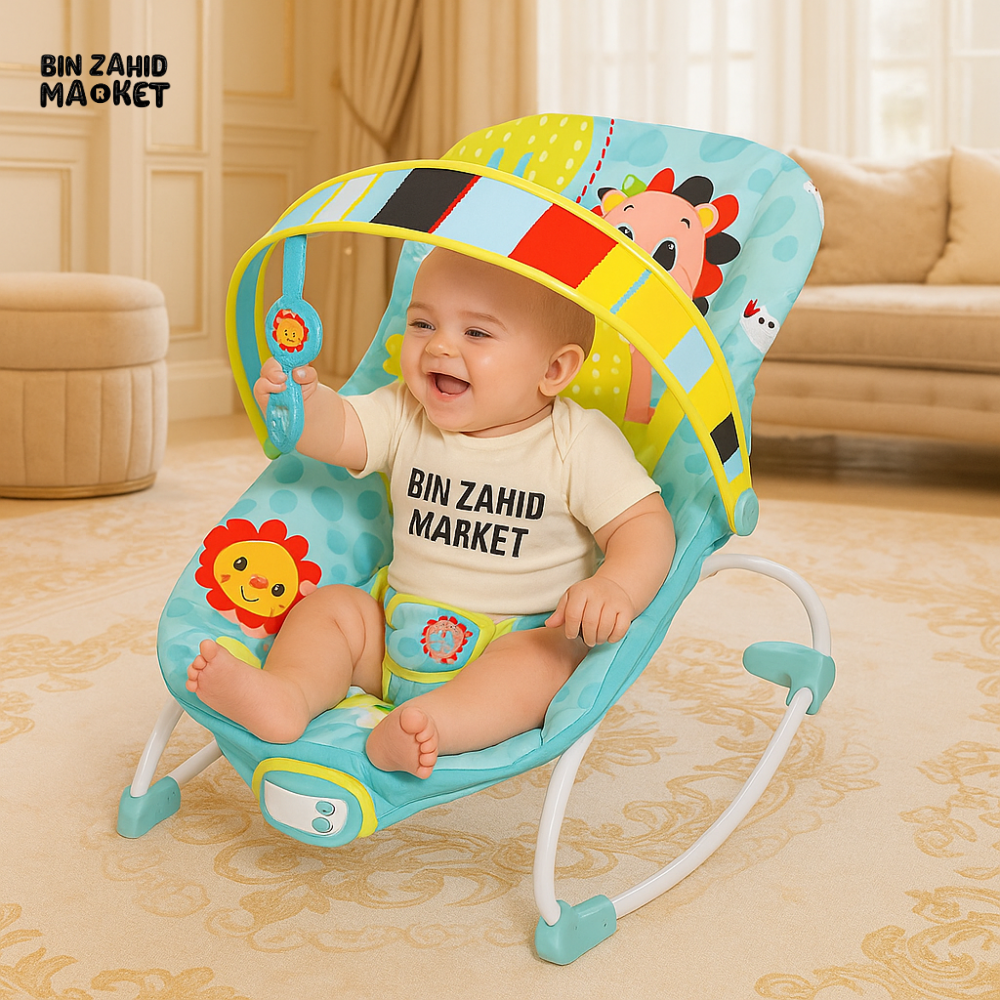 MASTELA VIBRATING BABY BOUNCER – COLORFUL INFANT SEAT WITH TOY BAR & SAFETY HARNESS