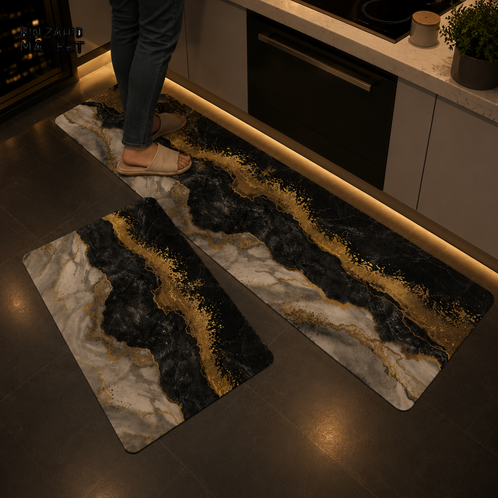 MATRUGS LUXURY MARBLE KITCHEN FLOOR MAT SET – BLACK & GOLD - MEDIUM - 4 Length / 1.25 Ft