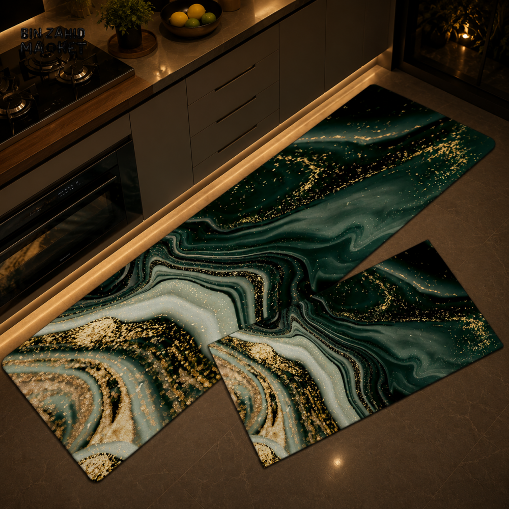 MATRUGS LUXURY MARBLE KITCHEN FLOOR MAT SET – GREEN & GOLD - MEDIUM - 4 Length / 1.25 Ft