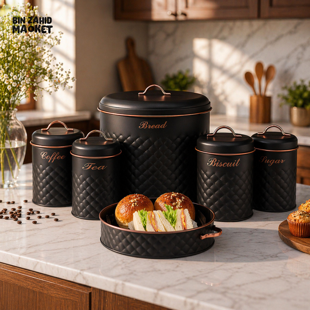 MATTE BLACK BREAD BIN & KITCHEN STORAGE CANISTER SET WITH COPPER HANDLES (TEA COFFEE SUGAR BISCUIT)