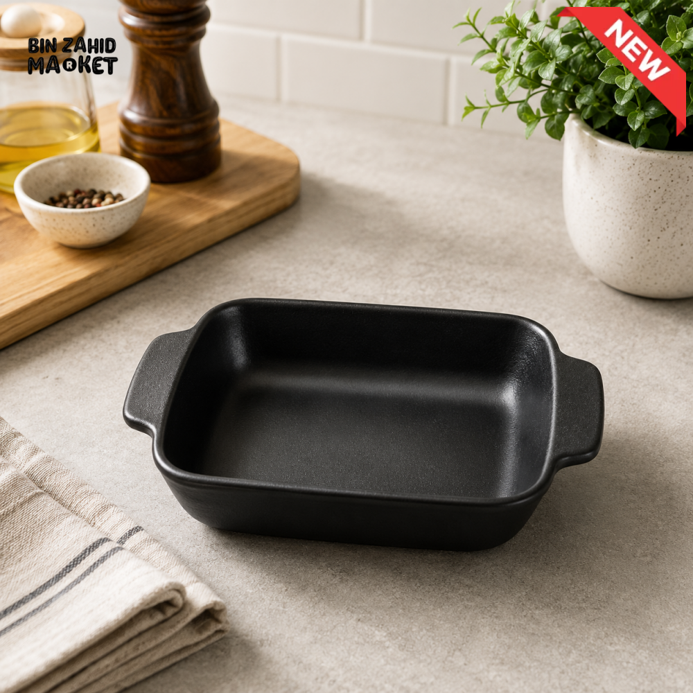 MATTE BLACK STONEWARE RECTANGULAR BAKING & SERVING DISH WITH HANDLES 7.0 INCH – 70CFKP