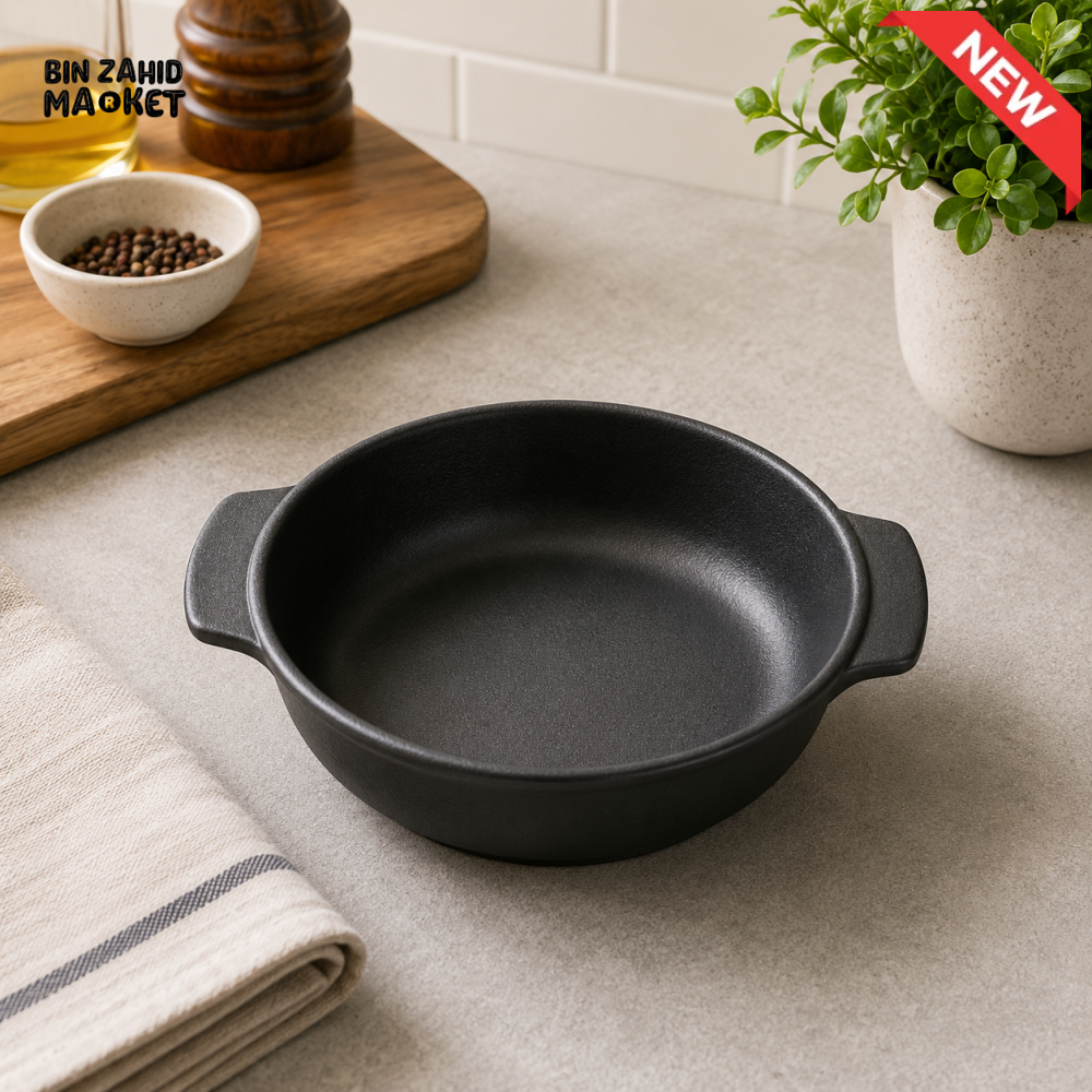 MATTE BLACK STONEWARE ROUND BAKEWARE DISH WITH HANDLES 8 INCH – 80YKP