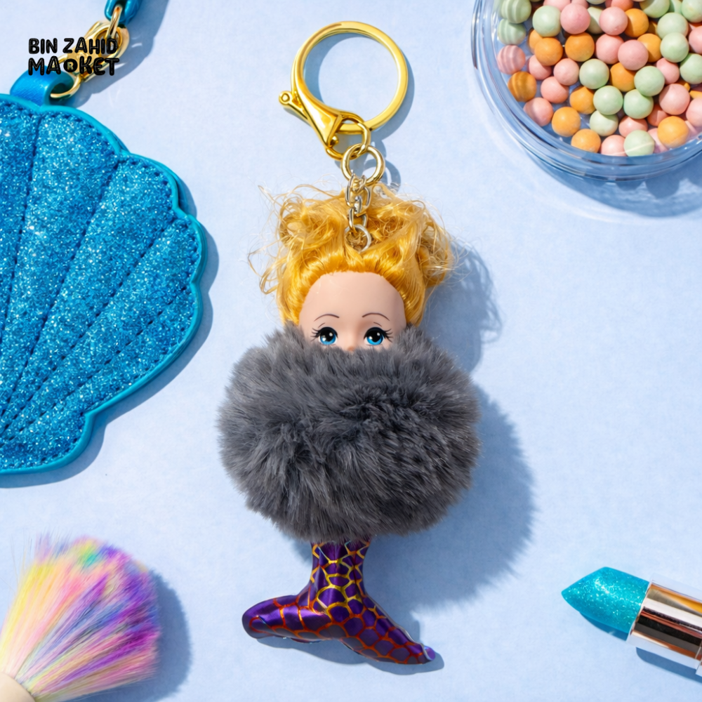 MERMAID DOLL POM POM KEYCHAIN WITH FUR DETAIL – CUTE KAWAII BAG CHARM & CAR KEYRING FOR GIRLS PURSE BACKPACK & GIFT