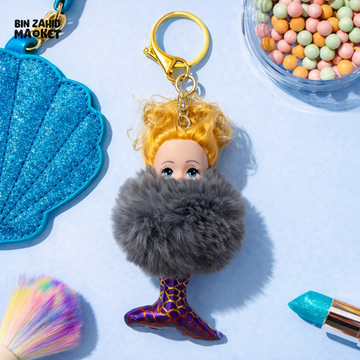 MERMAID DOLL POM POM KEYCHAIN WITH FUR DETAIL – CUTE KAWAII BAG CHARM & CAR KEYRING FOR GIRLS PURSE BACKPACK & GIFT