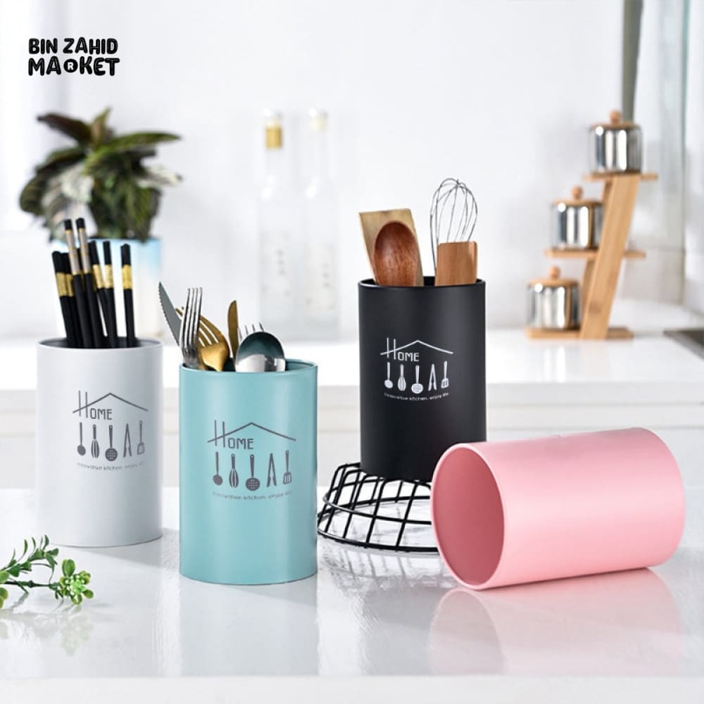 METAL CYLINDER CUTLERY STORAGE CONTAINER – KITCHEN UTENSIL ORGANIZER & TABLEWARE STORAGE RACK FOR HOME AND DINING USE