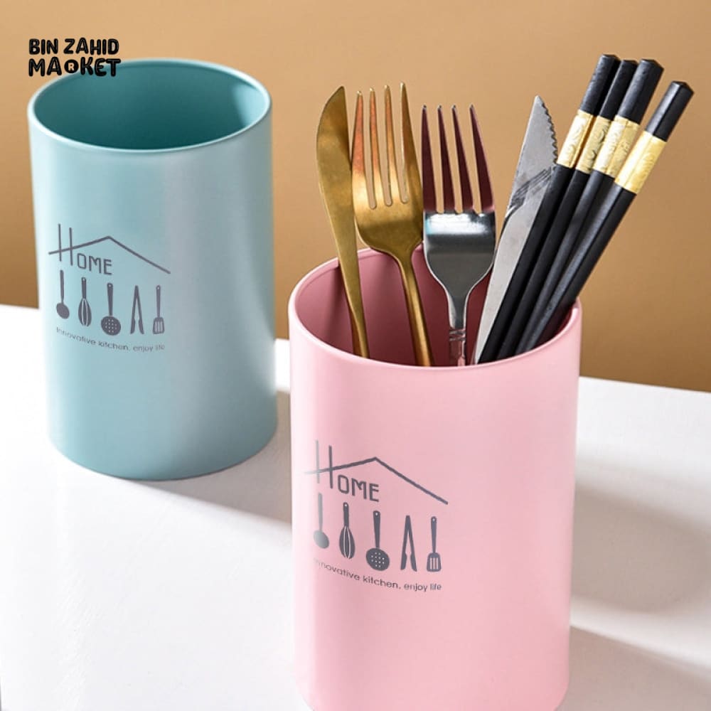 METAL CYLINDER CUTLERY STORAGE CONTAINER – KITCHEN UTENSIL ORGANIZER & TABLEWARE STORAGE RACK FOR HOME AND DINING USE