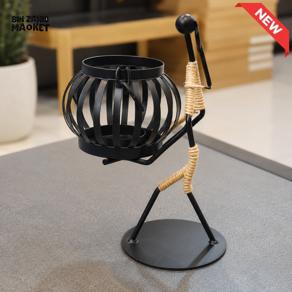 METAL FIGURINE CANDLE HOLDER WITH HANGING LANTERN