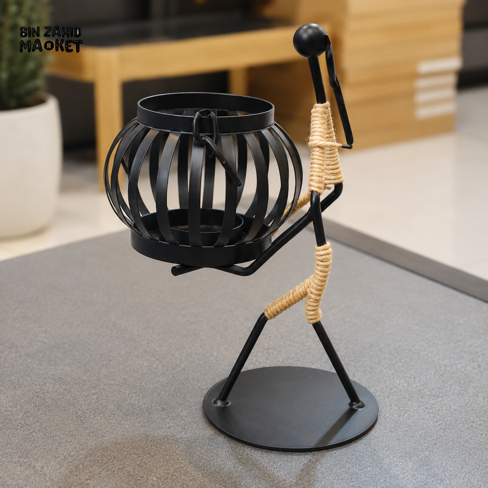 METAL FIGURINE CANDLE HOLDER WITH HANGING LANTERN